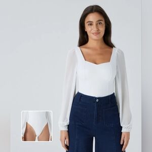 White Square Neck Long Sleeve Bodysuit - Women Tops